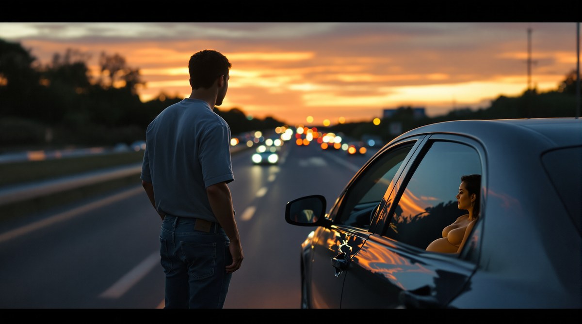 Man standing outside car on highway at dusk, woman visible in passenger seat